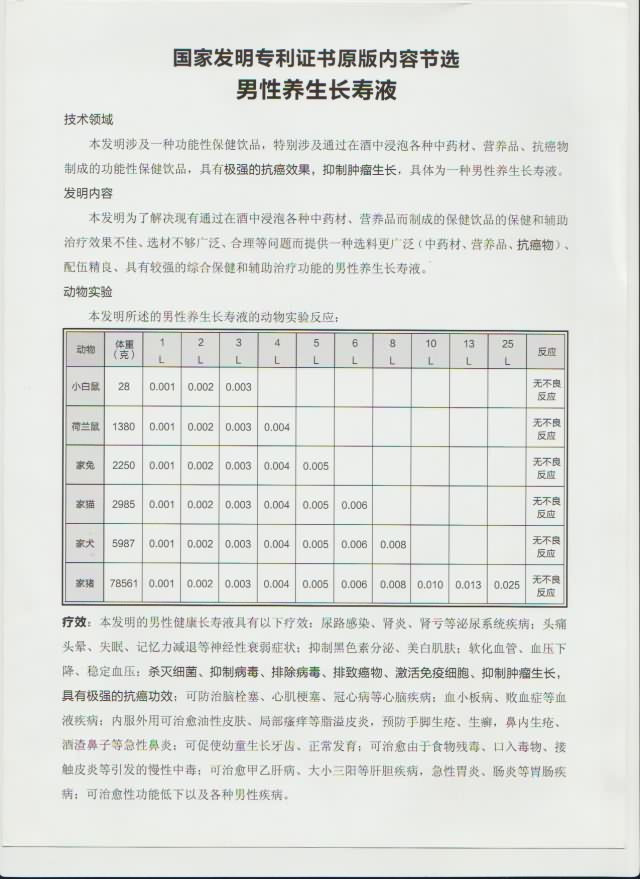 男性养生长寿液专利原版内容节选